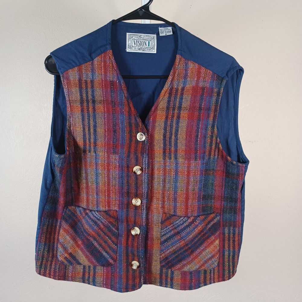 Vision 1 Vintage Western Plaid Two Tone Wool Button‎ Vest Womens Medium